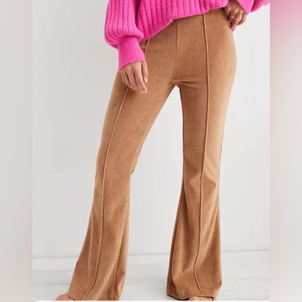 New Aerie Velour Bootcut Pants High Rise Pull-On Tan Size S